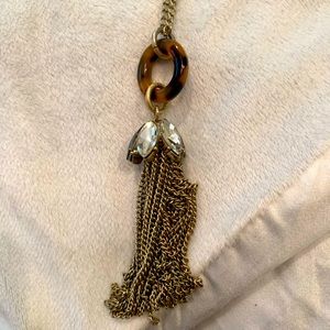 Long pendant necklace w/ tortoise circle & fringe